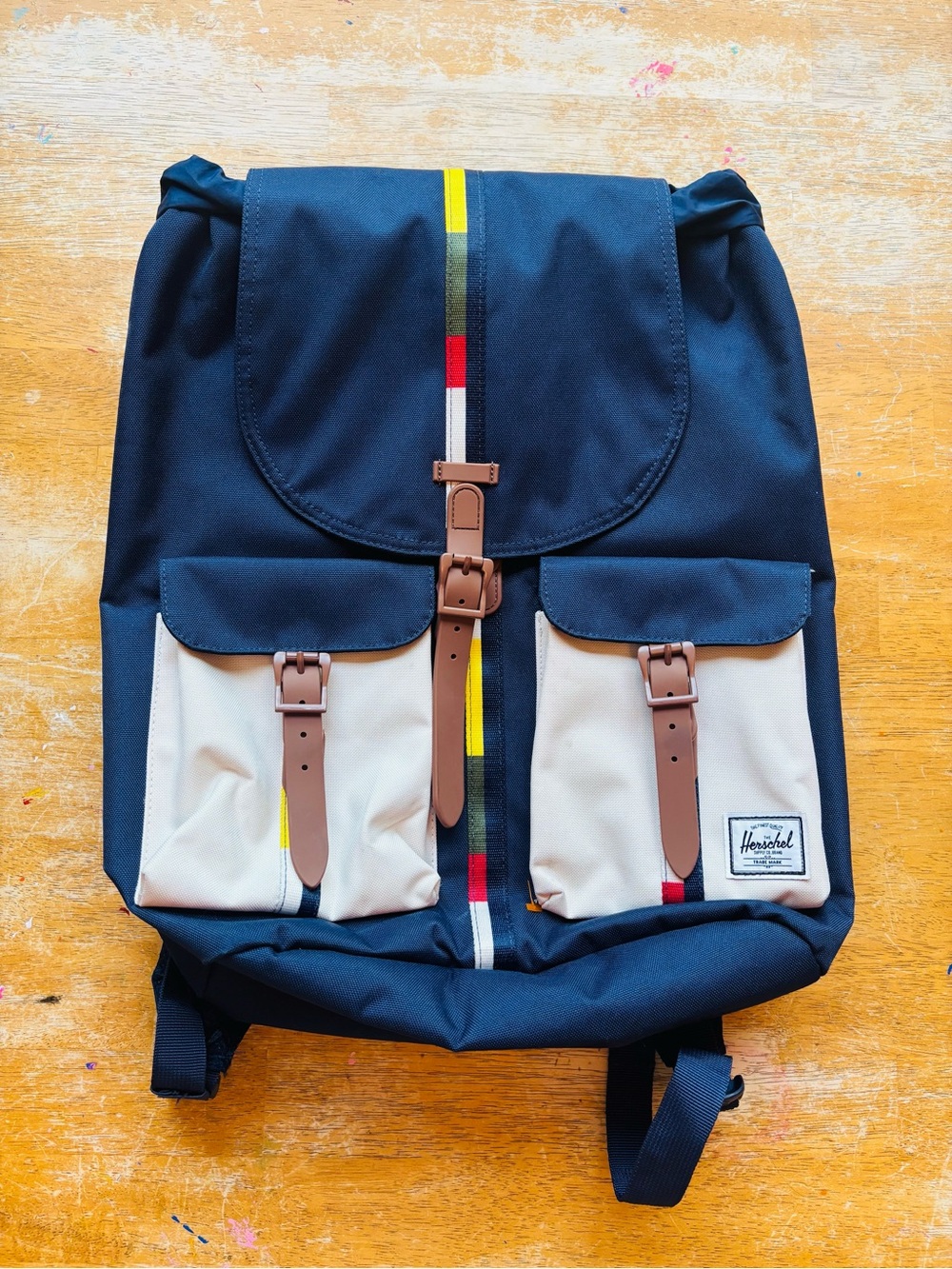 Herschel Supply Co. Navy Backpack with Beige Pockets and Multicolor Stripe